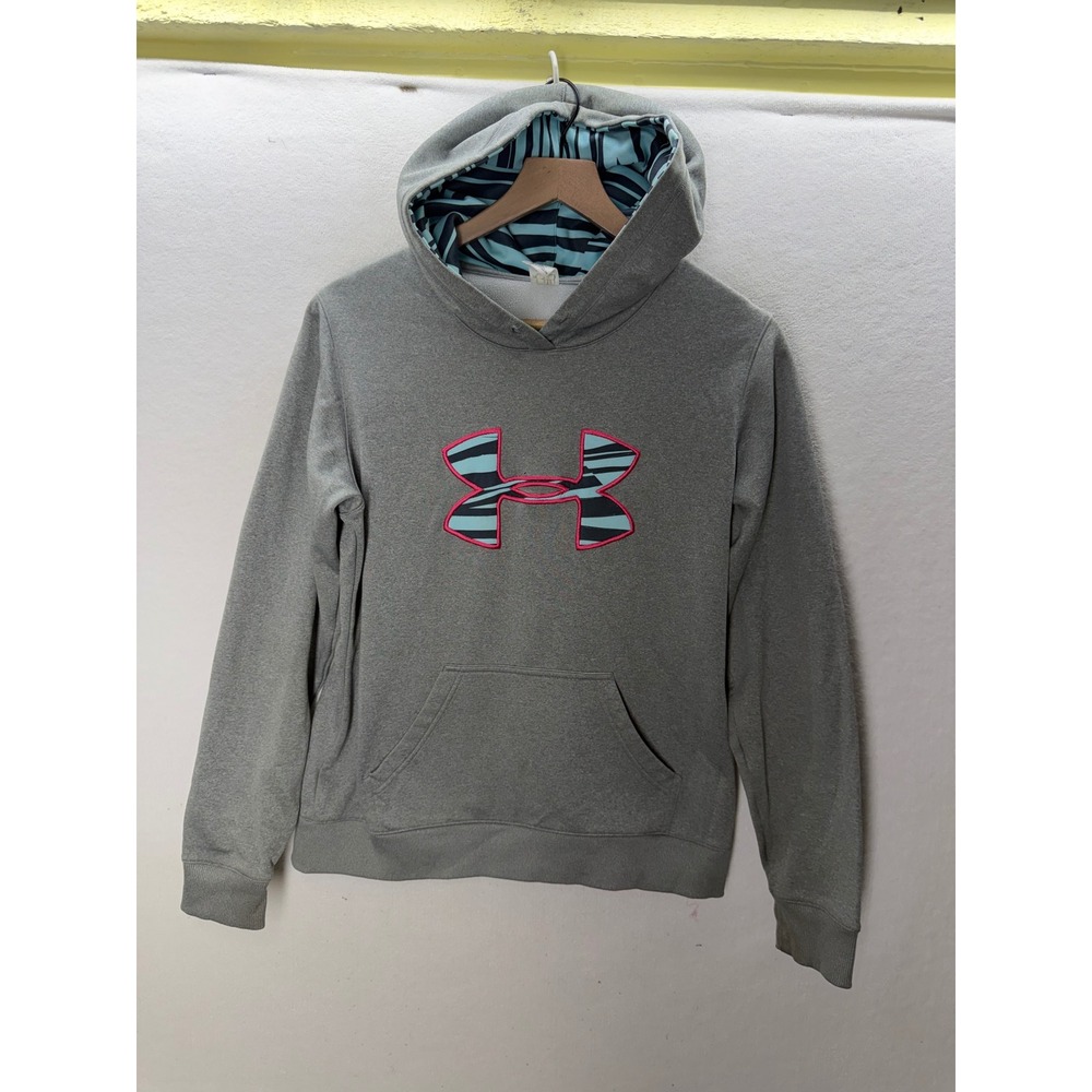 Under Armour Hoodie Womens Medium Gray  Zebra Logo Pullover Sweatshirt 3516